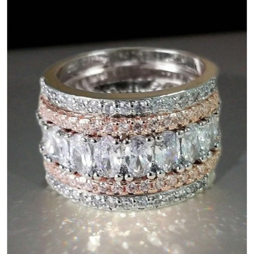 Silver Rose Gold Tone Multi Row Crystal Statement Ring Size 6 Costume Jewelry